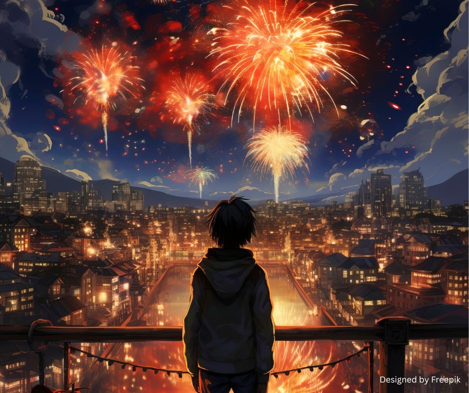 Fireworks joy above, pollution and harm below.