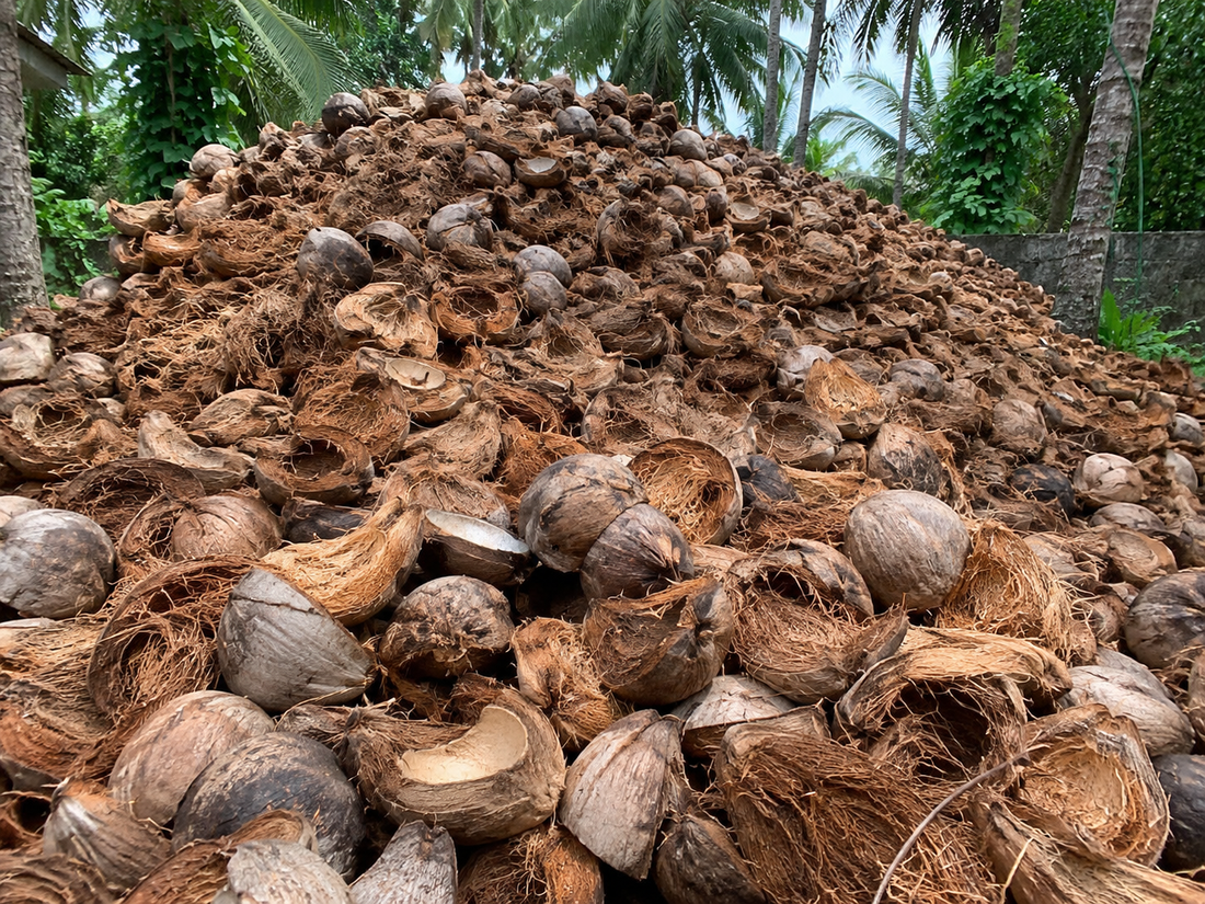 A large pile of discarded tender coconut shells and husks collected outdoors, representing the growing coconut waste challenge in Indian cities and the need for sustainable waste management solutions.